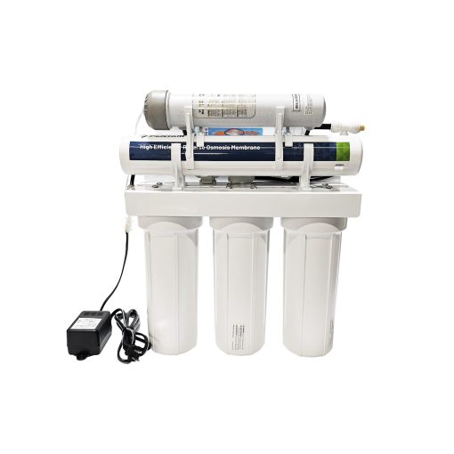 Front view of GRO 6-Stage-UV Reverse Osmosis Installation Kit showing the Pentair 50 GPD Membrane and the sleek design of the filtration system