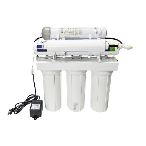 Front view of the GRO 7-Stage Reverse Osmosis System showcasing its sleek design and control panel. The system includes labeled ports and a visible Pentair 1:1 Membrane chamber.