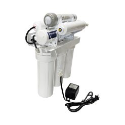 Left side view of the GRO 7-Stage RO System, displaying the arrangement of sediment and carbon pre-filters and secure tubing connections.